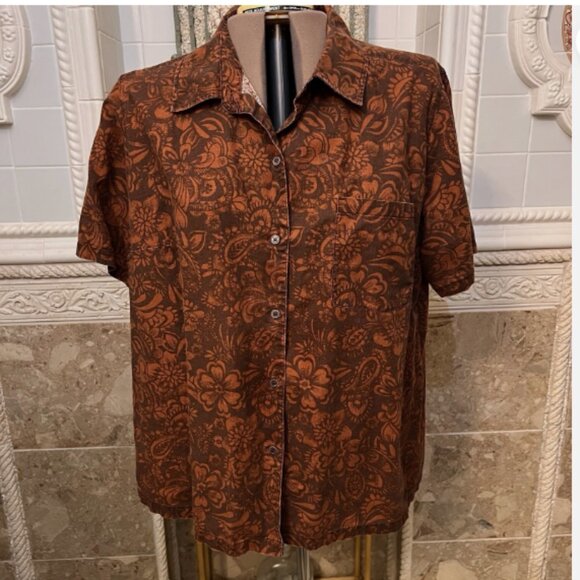 Classic Elements Woman. Sz 20-22W. Linen Cotton Short Sleeve Brown Shirt. B39 - Picture 1 of 6